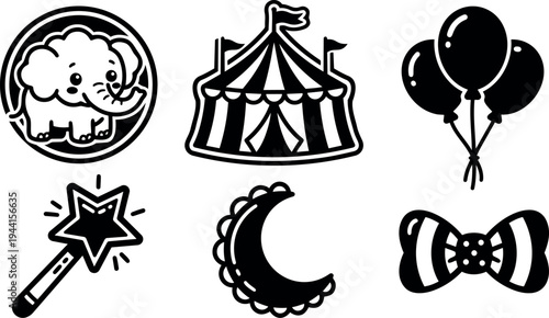 Black and white flat design cute elephant circus tent balloons magic wand crescent moon and bow tie vector icons set