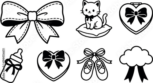 Cute black and white vector collection of bows kitten on pillow baby bottle heart shoes and cloud icons simple line art style