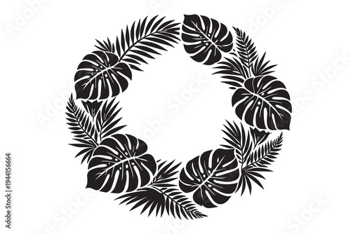 Simple black and white vector illustration of monstera and palm plants arranged in a circular composition, drawn with clean lines to create a minimal tropical botanical frame.