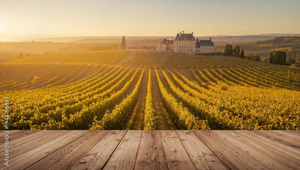 Obraz premium Serene Vineyard Landscape with Golden Hills and Chateau at Sunset