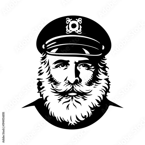 Hombre maduro con gorra de capitán. Dibujo de viejo marinero con barba larga 