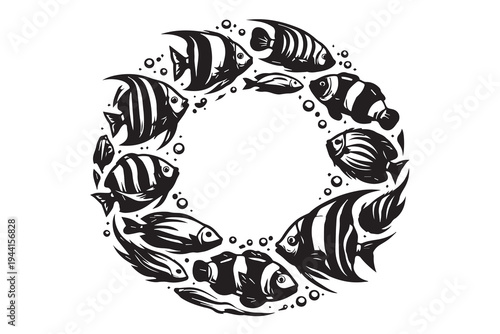 Simple black and white vector illustration of many fish swimming in a circular motion, including clownfish, blue hippo tang, and striped damselfish, drawn with clean minimal outlines.