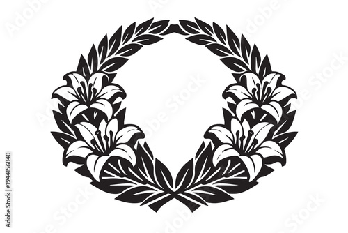 Elegant vector illustration of a circular floral arrangement made of blooming flowers and leafy branches, forming a graceful wreath composition ideal for decorative designs.