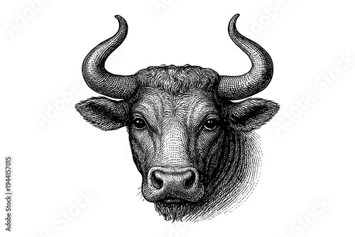 Detailed black and white bull head with intricate line art