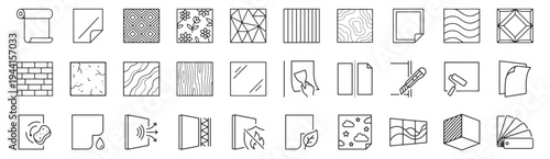 Wallpaper wallcovering doodle collection with clean outline style. Roll, floral pattern, brick texture, glue roller, cutting knife, removable sheet. Interior decoration elements for home renovation.