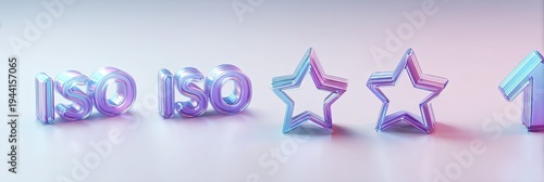 Colorful 3D ISO text, stars, and an upward arrow on a gradient background