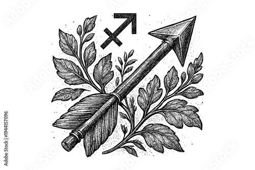 Hand drawn sagittarius arrow and leaves with zodiac symbol in vintage style