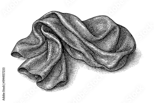 Detailed engraved style sketch of draped fabric on white background