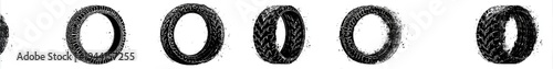 Several black and white tires presented from various angles, with different tread patterns