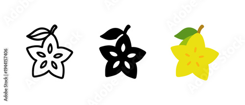 Carambola fruit icons in lineart, silhouette, and color variations