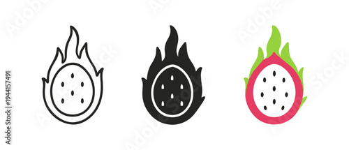 Stylized dragon fruit icons: line art, solid, and colored designs
