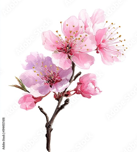 Watercolor illustration of pink cherry blossoms on a branch, delicate petals