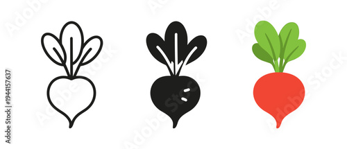 Radish icons collection: outline, glyph, and colorful flat designs