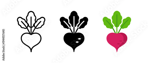 Minimalist beetroot icons in linear, silhouette, and flat styles