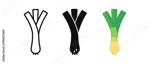 Leek icons in outline, silhouette, and colorful flat design styles
