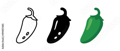 Triptych of peppers: outline, silhouette, and vibrant green design