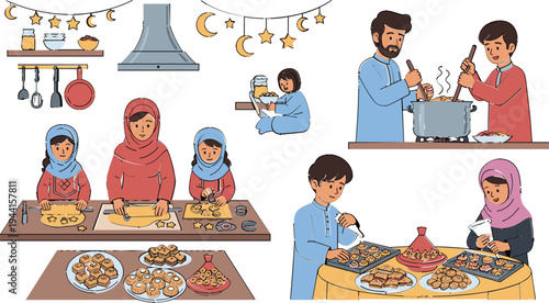 Muslim Family Preparing Traditional Ramadan and Eid Food Together Cartoon Vector Illustration with Cooking, Baking, Sharing Meals and Islamic Festival Kitchen Scene