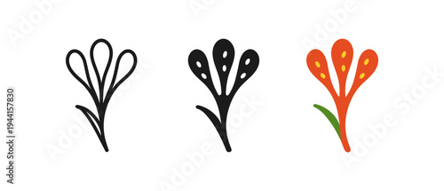 Minimalistic floral design in three styles: outline, solid, colorful