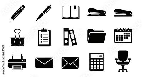 Office supplies and stationery icons set including pen book folder calendar printer and calculator on white background
