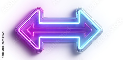 Glowing neon double arrow illustration in a modern design, with purple and blue light on white