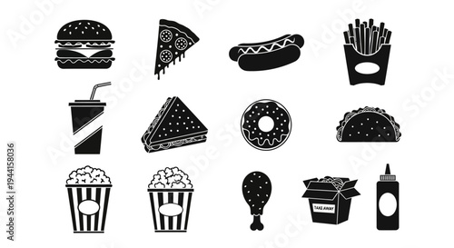 Variety of fast food icons including burgers pizza fries and snacks on white background
