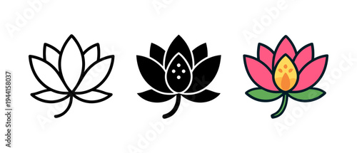 Three styles of lotus logos: outline, solid, and colorful designs