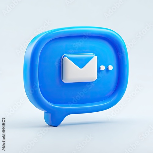 3D-rendered speech bubble icon, blue with a white envelope and two dots