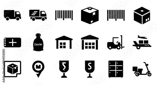 Logistics and shipping icons including trucks boxes warehouses and delivery vehicles for business and transportation concepts