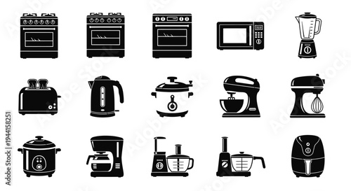 Collection of kitchen appliances icons including ovens microwaves blenders mixers toasters kettles and coffee makers on white background