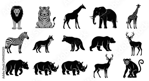 Collection of various wild animal silhouettes in black and white on plain background