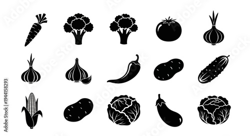 Collection of fresh vegetable icons in black silhouette on white background for cooking and healthy eating concepts