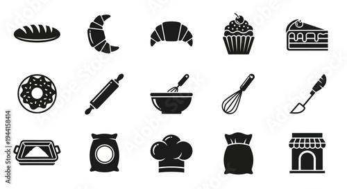 Black icons of assorted baked goods and kitchen tools on white background for baking and cooking themes
