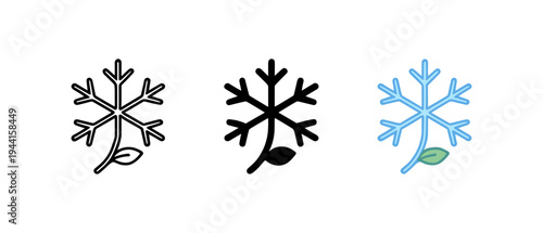 Minimalist snowflake evolution: outline, solid, colored icon set