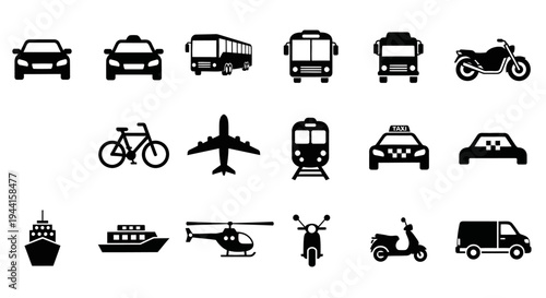 Collection of various transportation icons including cars buses bicycles airplanes and more on white background