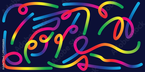 Vibrant neon rainbow squiggles on dark background