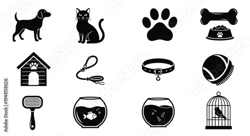 Black and white pet icons set including dog cat bird fish accessories and home
