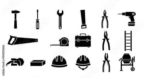 Collection of various construction tools and equipment icons on white background