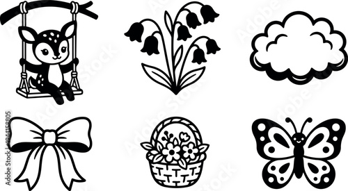 Black and white line art baby deer swinging flower bell bouquet basket and butterfly vector set