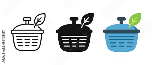 Salad spinner icons: linear, solid, and colored variations with leaf motif