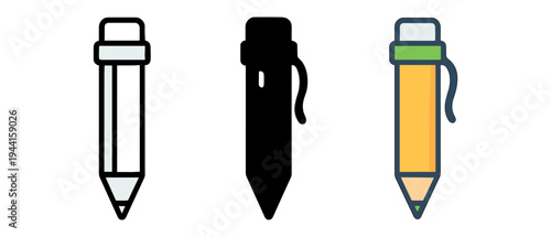 Minimalist pencil icon set: outline, silhouette, and flat designs