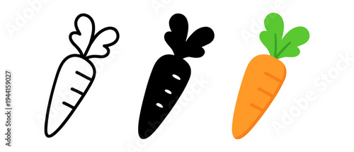 Outline, silhouette, and flat carrot icons for healthy food designs