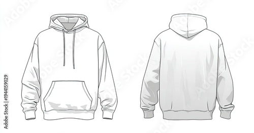 Front and back outline illustrations of a blank, oversized hoodie