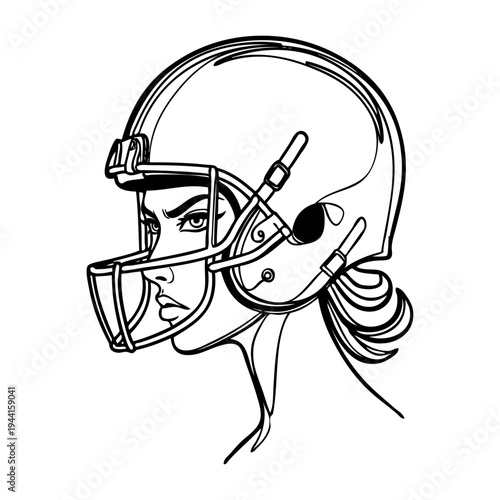 Logo fútbol americano femenino. Icono con cabeza de chica joven con casco de fútbol americano