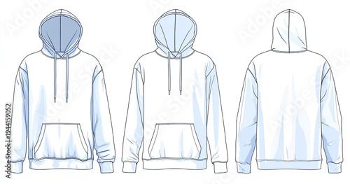A front, back, and side view of a white hooded sweatshirt illustration