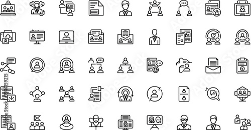 Business communication and corporate workflow line icon set featuring team collaboration documents analytics and management tools