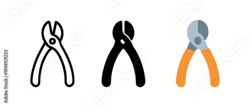 Set of wire cutters in outline, solid, and colorful styles