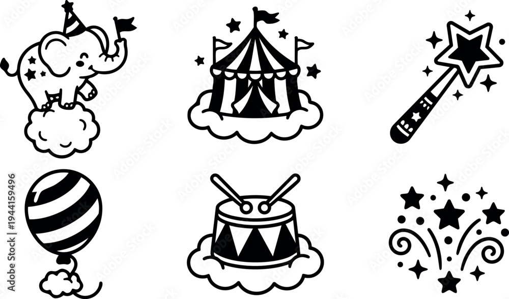 Fototapeta premium Black and white circus themed icons including elephant on cloud drum balloon star wand tent and fireworks set