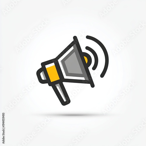 Cartoon image of a gray and yellow megaphone with sound waves on a white background