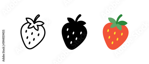 Strawberry icons: outline, silhouette, and flat color designs