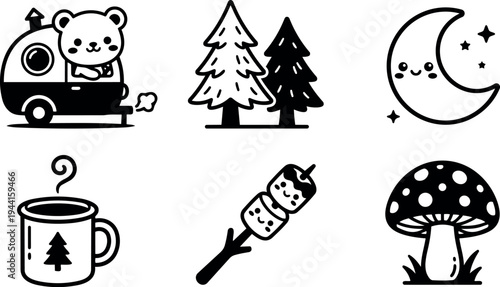 Cute bear driving campervan camping under pine trees with smiling moon hot coffee and marshmallow skewer vector art